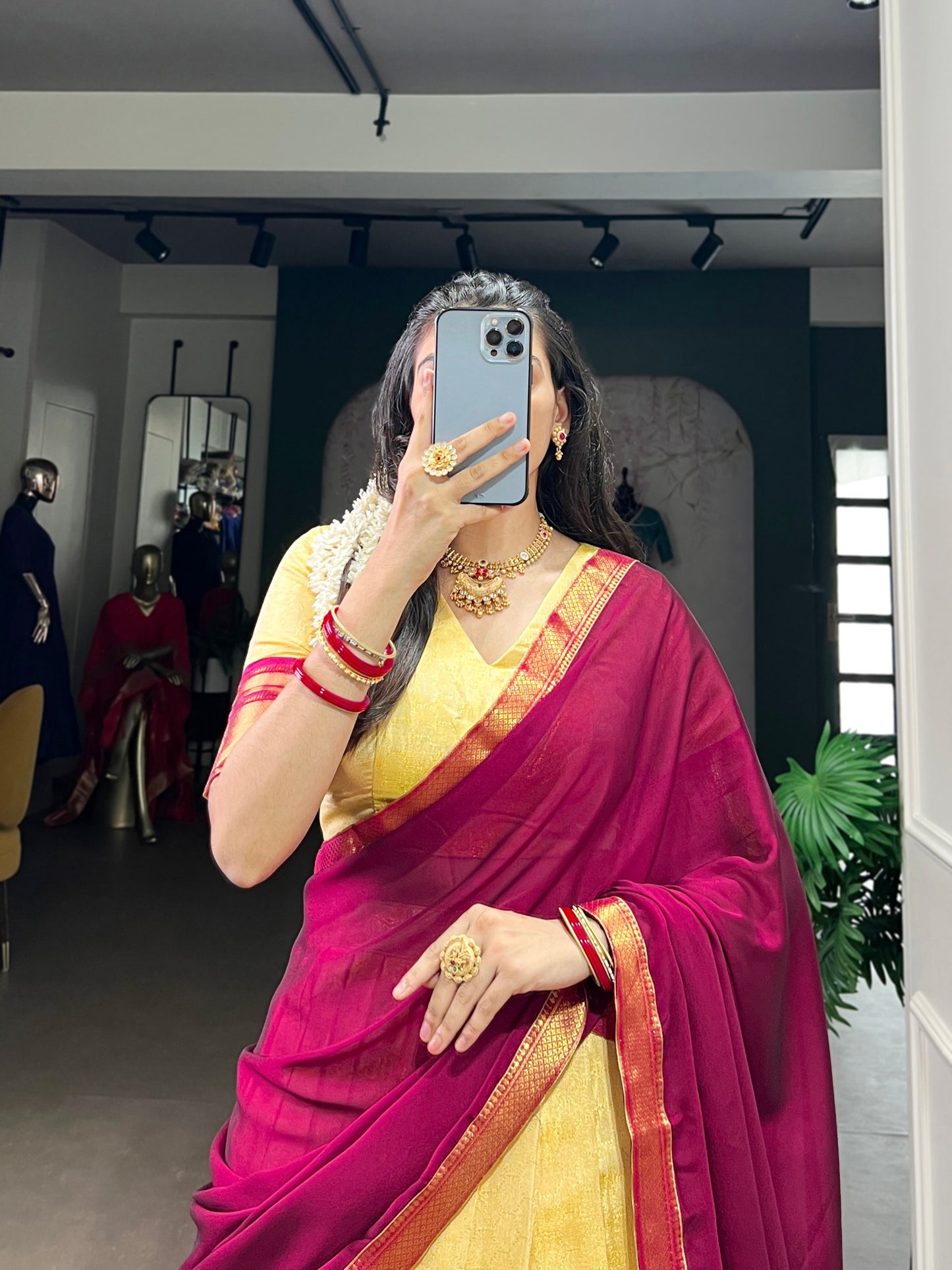 Golden Zari Kanchipuram Half Saree Look Lehenga Choli Set