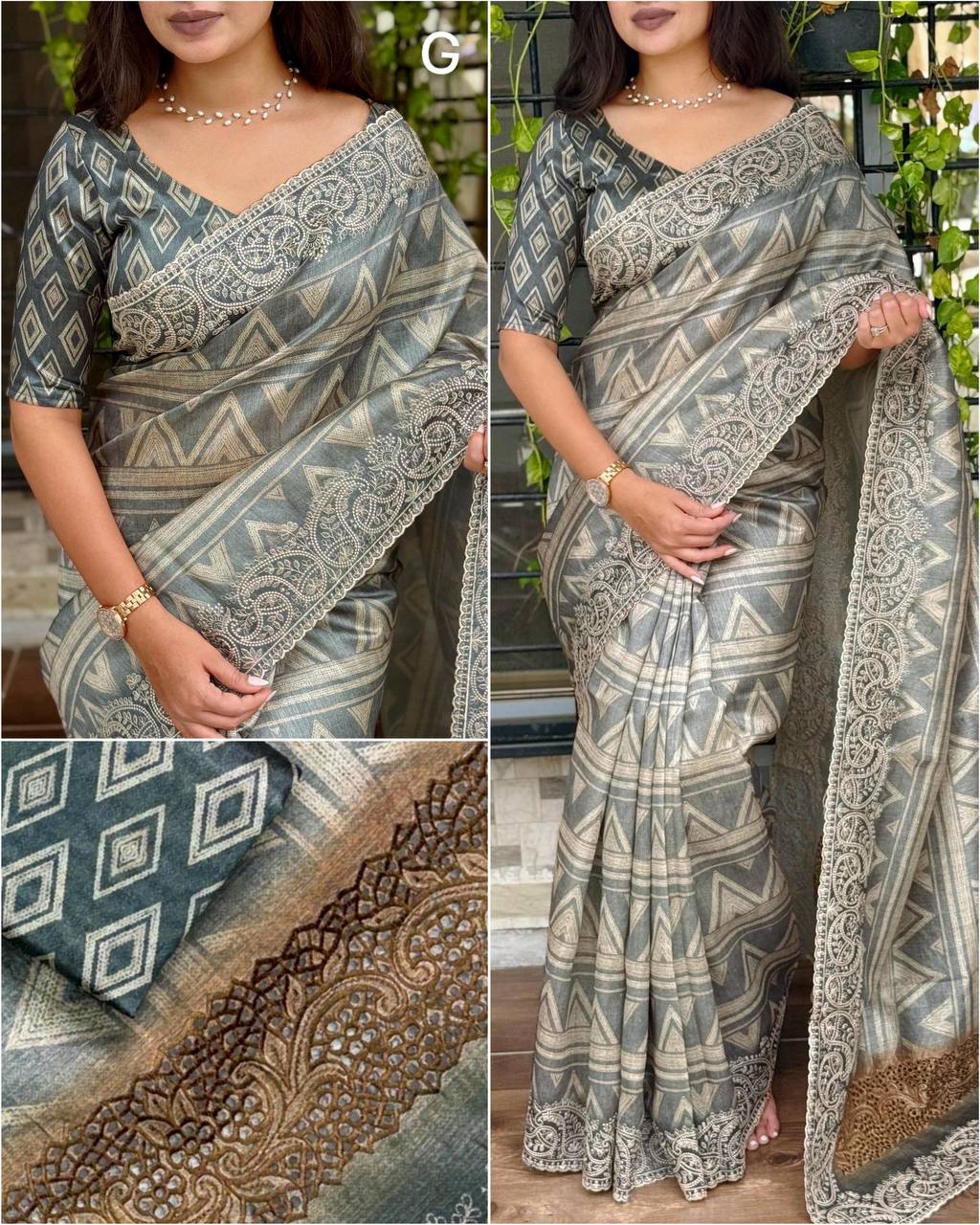 Tusser Silk Digital Print Thread Work Tusser Linen Cotton Saree With Blouse