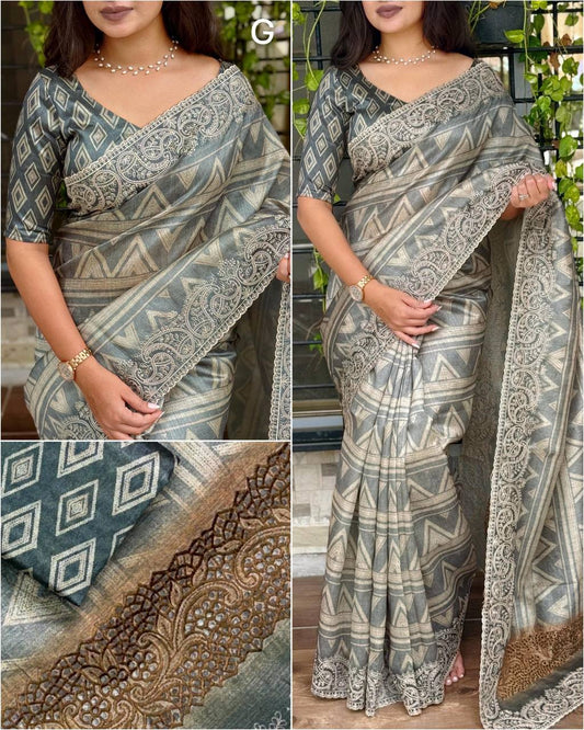 Tusser Silk Digital Print Thread Work Tusser Linen Cotton Saree With Blouse