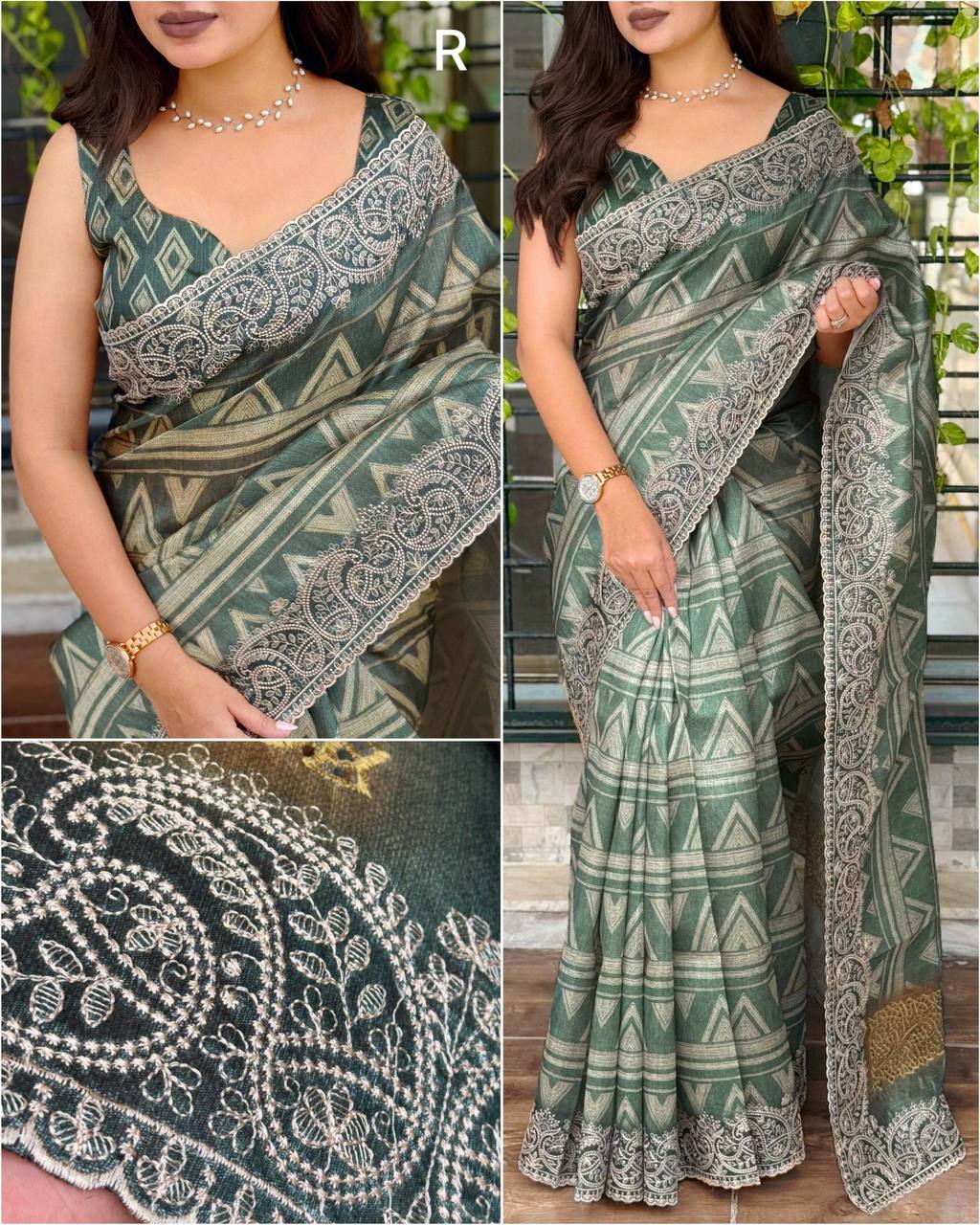 Tusser Silk Digital Print Thread Work Tusser Linen Cotton Saree With Blouse