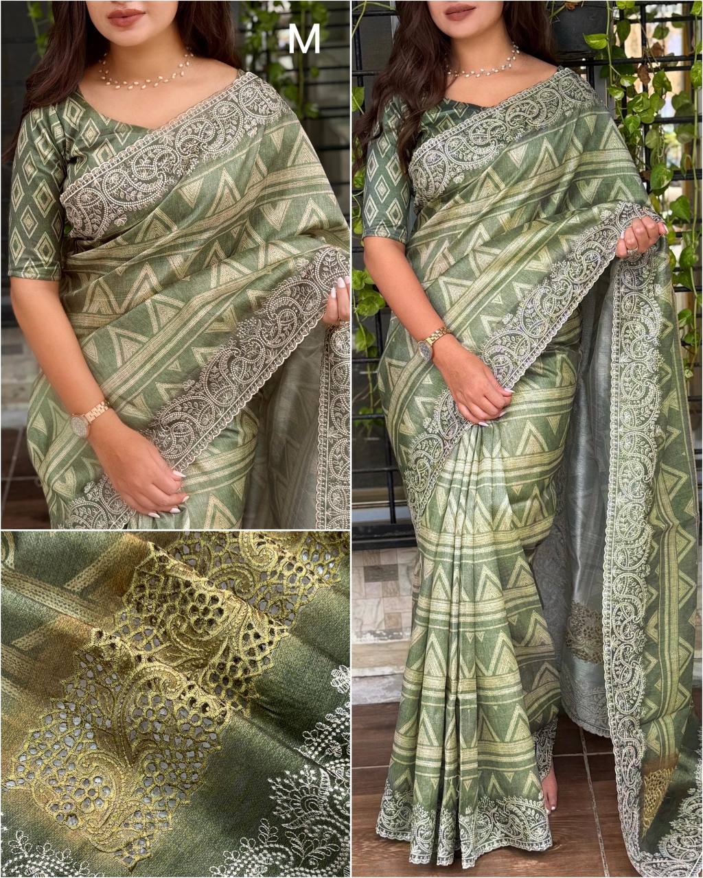 Tusser Silk Digital Print Thread Work Tusser Linen Cotton Saree With Blouse