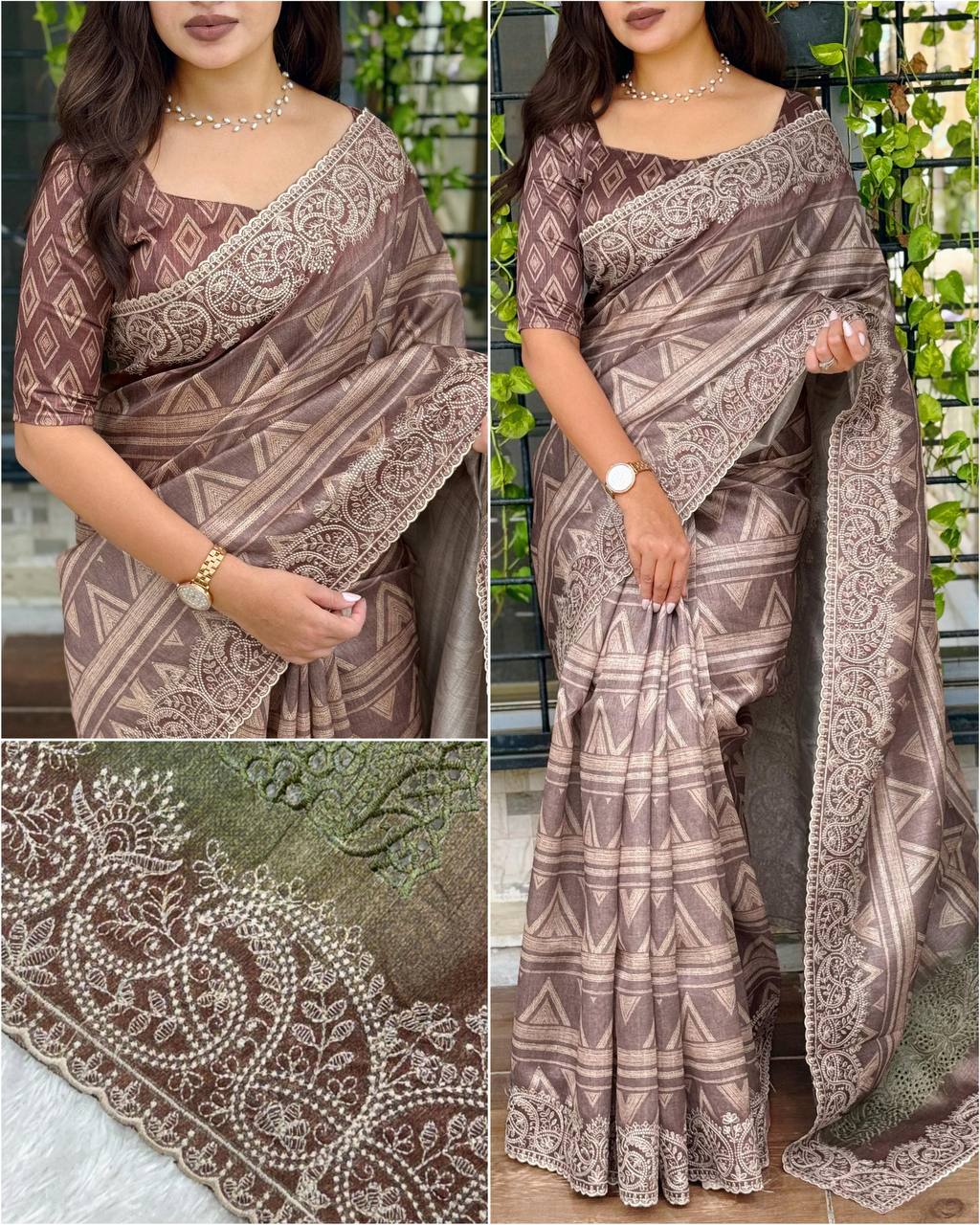 Tusser Silk Digital Print Thread Work Tusser Linen Cotton Saree With Blouse