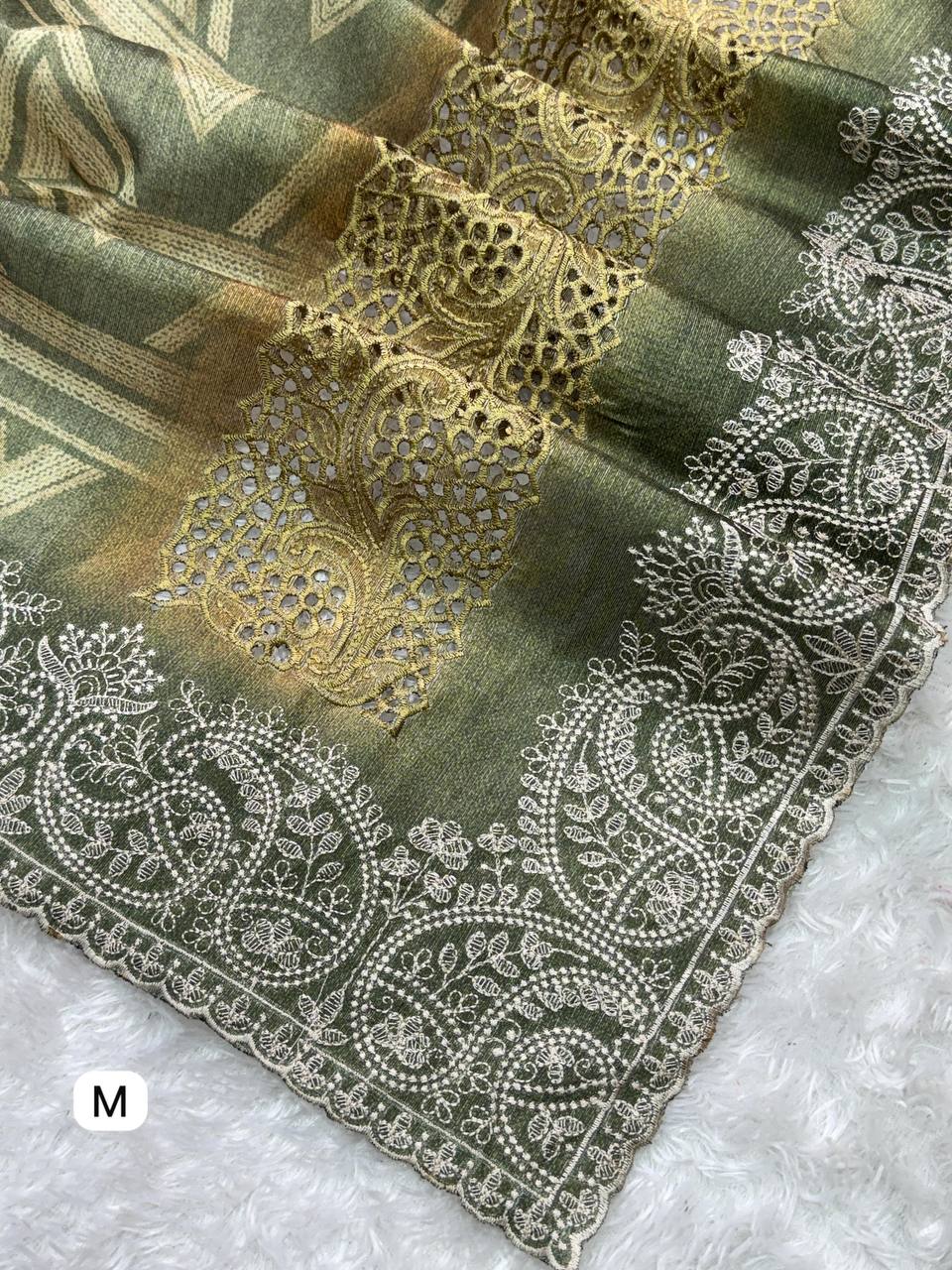 Tusser Silk Digital Print Thread Work Tusser Linen Cotton Saree With Blouse