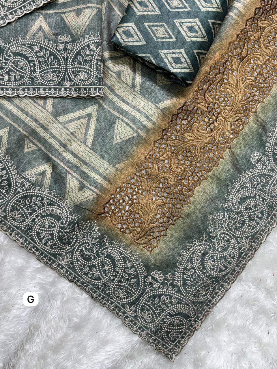 Tusser Silk Digital Print Thread Work Tusser Linen Cotton Saree With Blouse