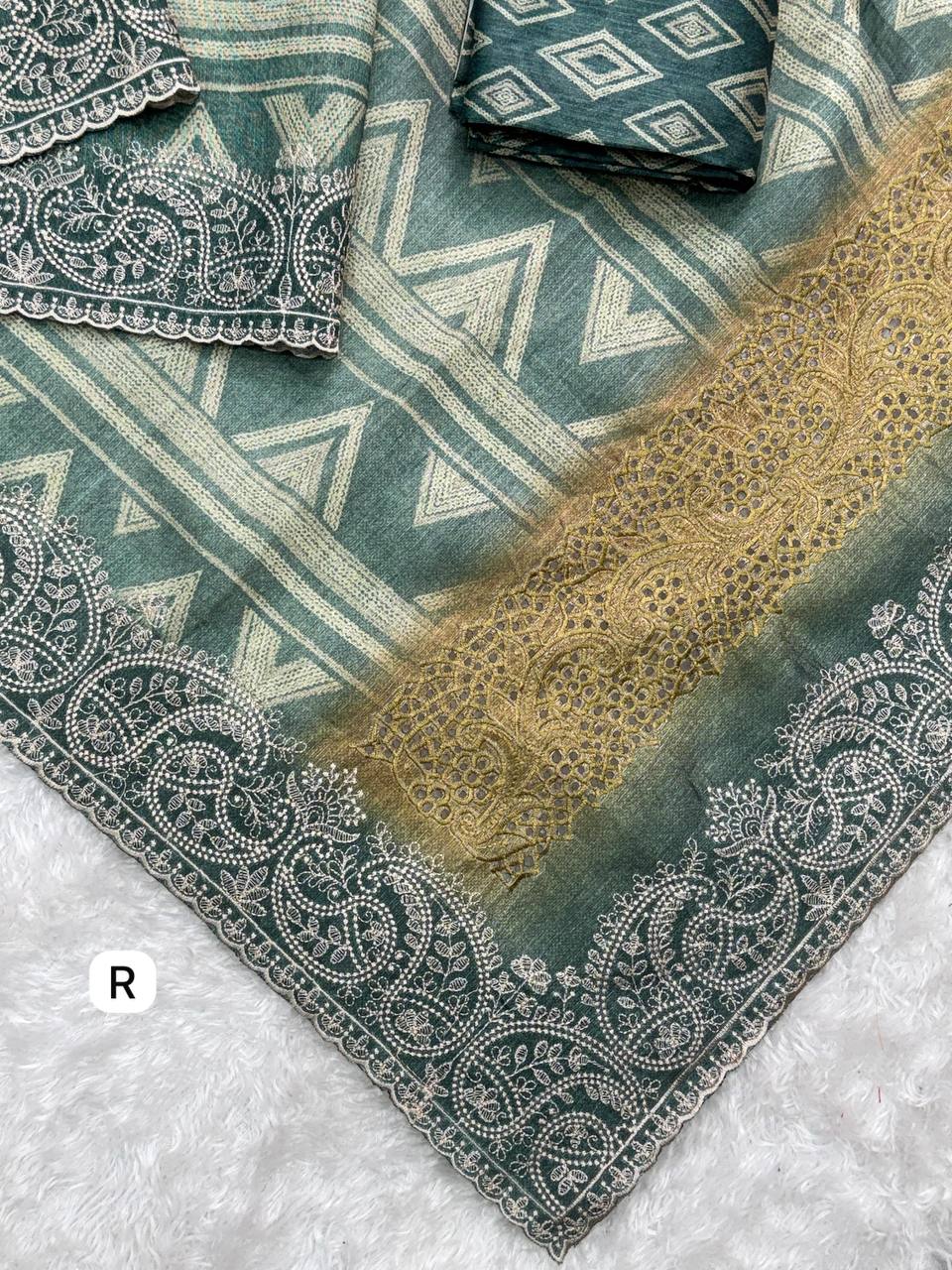 Tusser Silk Digital Print Thread Work Tusser Linen Cotton Saree With Blouse