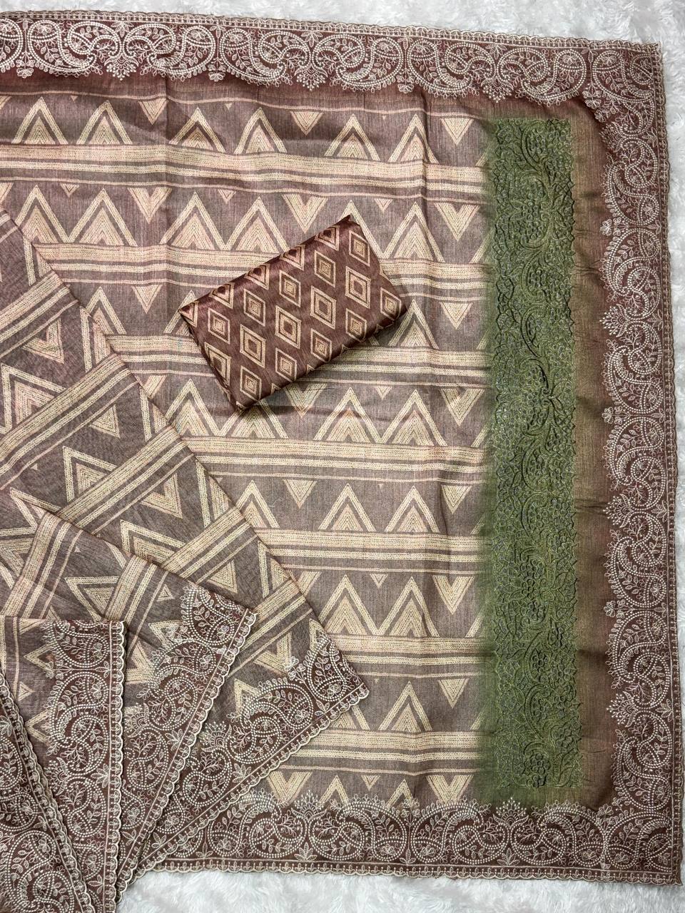 Tusser Silk Digital Print Thread Work Tusser Linen Cotton Saree With Blouse