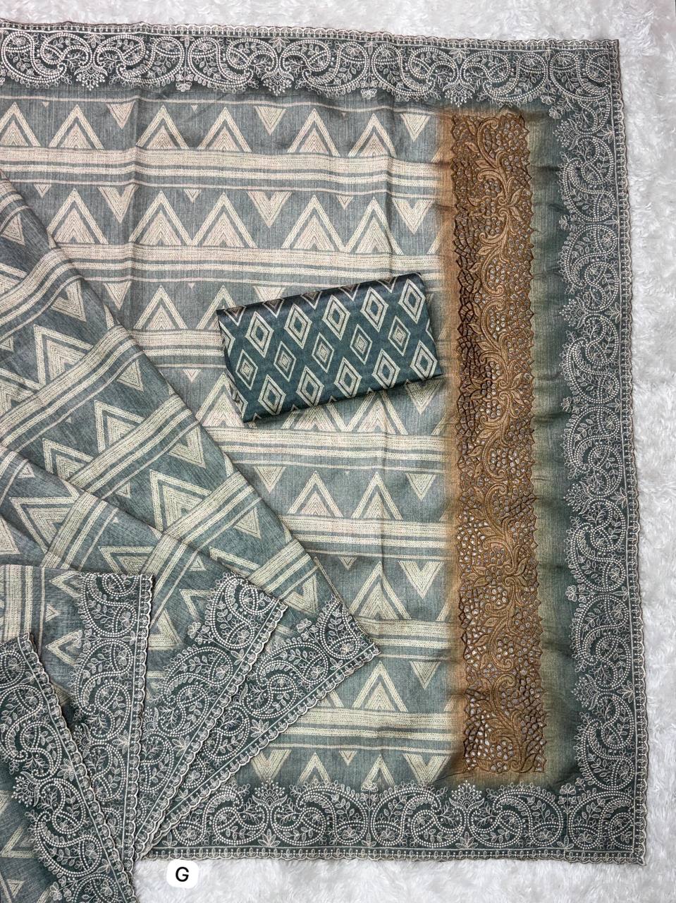 Tusser Silk Digital Print Thread Work Tusser Linen Cotton Saree With Blouse