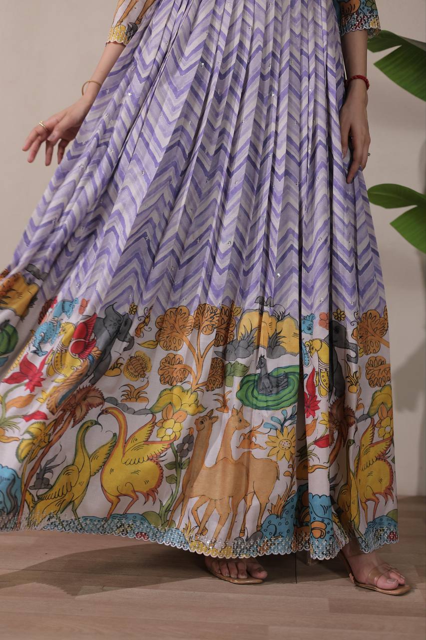 Elegant Flared Chevron Design Tussar Silk Readymade Gown