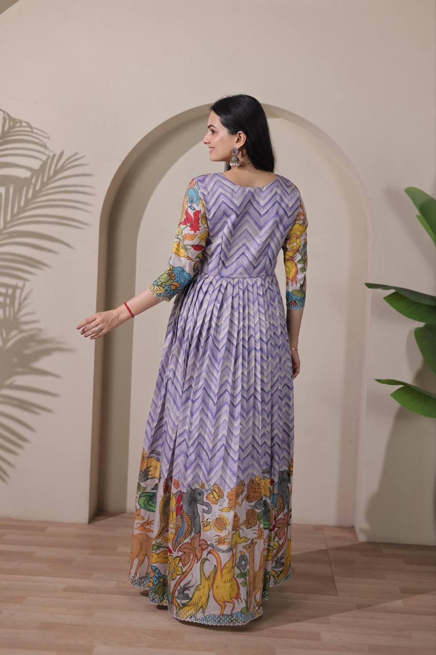 Elegant Flared Chevron Design Tussar Silk Readymade Gown