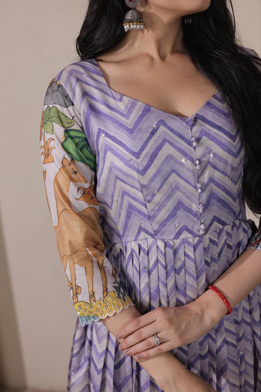 Elegant Flared Chevron Design Tussar Silk Readymade Gown