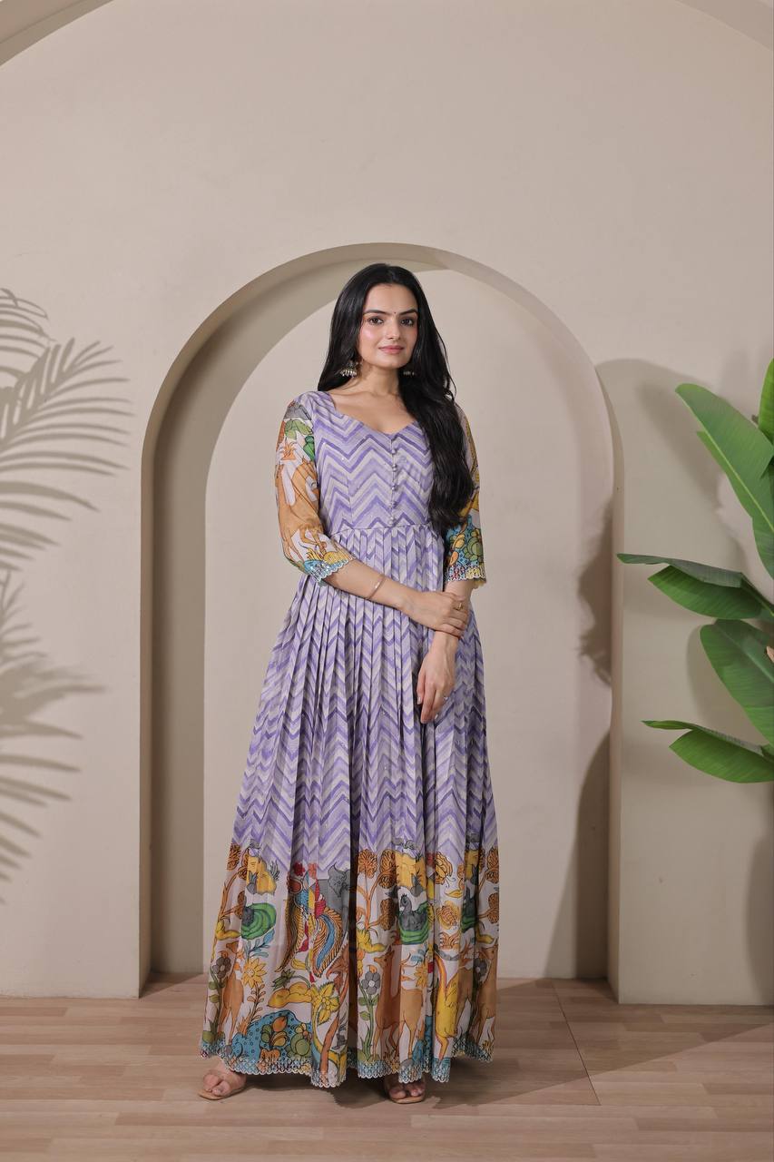 Elegant Flared Chevron Design Tussar Silk Readymade Gown