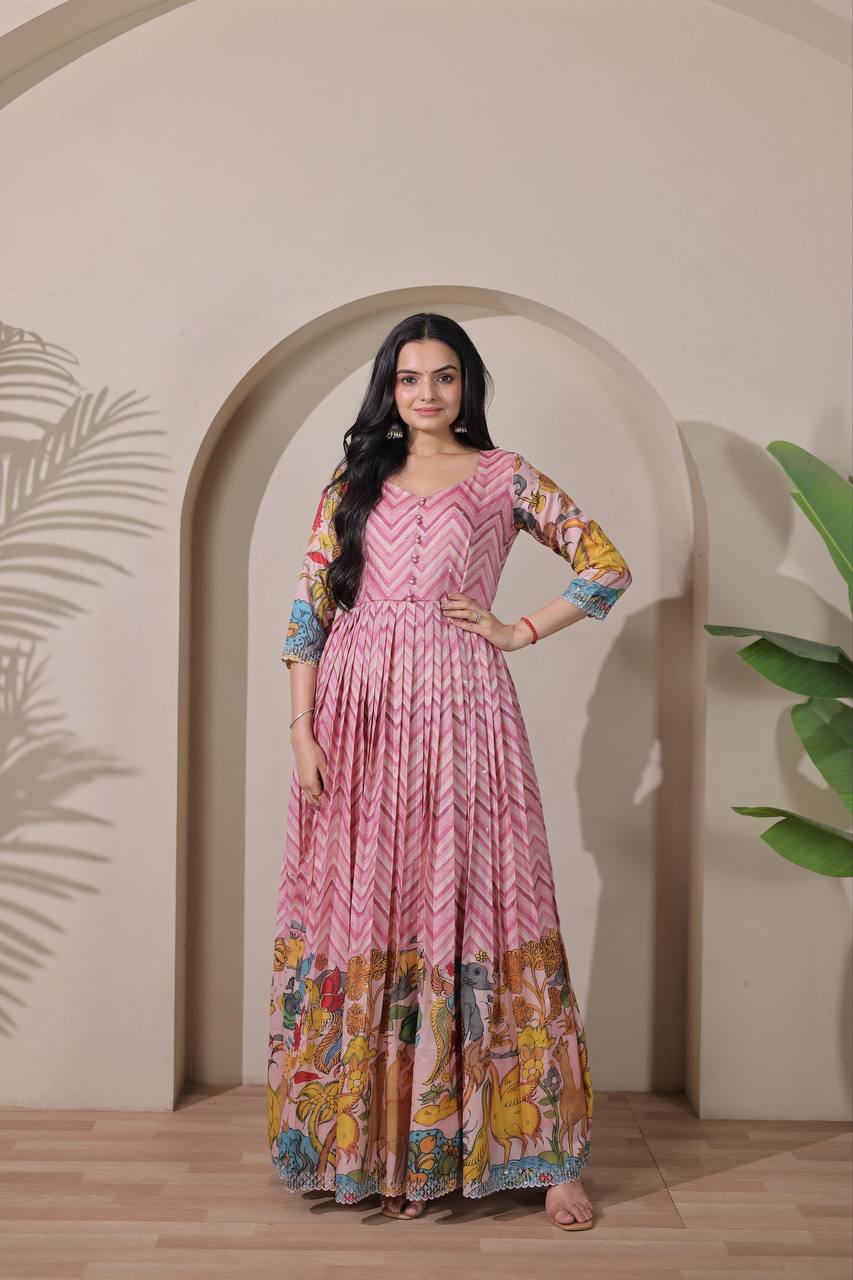 Elegant Flared Chevron Design Tussar Silk Readymade Gown