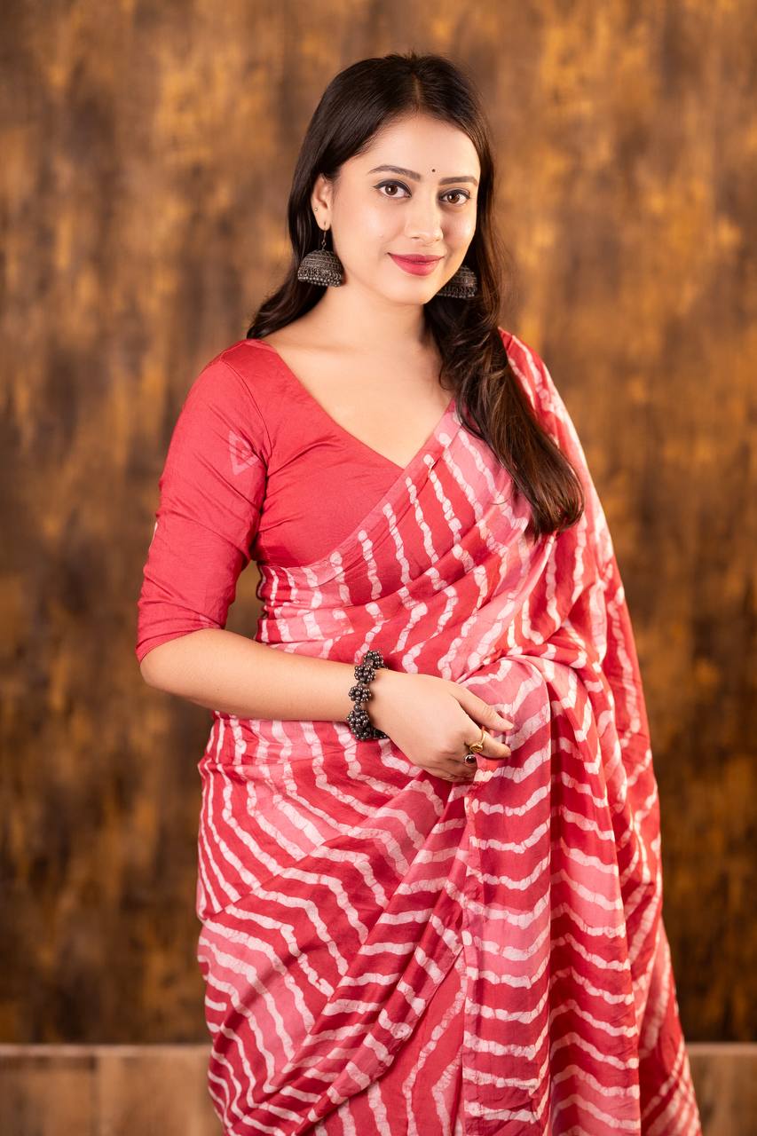 Bagru Batik Zig Zag Pattern Printed Soft Chanderi Cotton Saree with Blouse