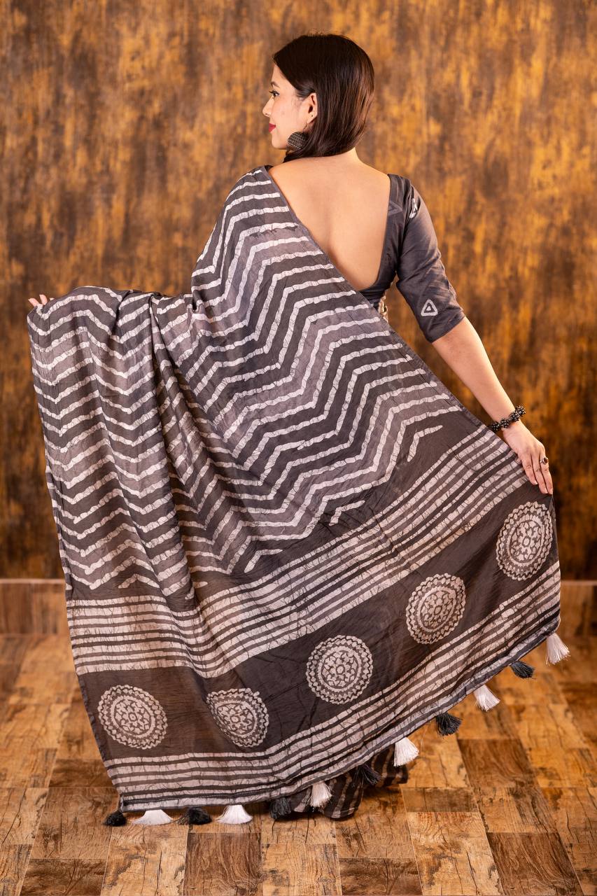 Bagru Batik Zig Zag Pattern Printed Soft Chanderi Cotton Saree with Blouse