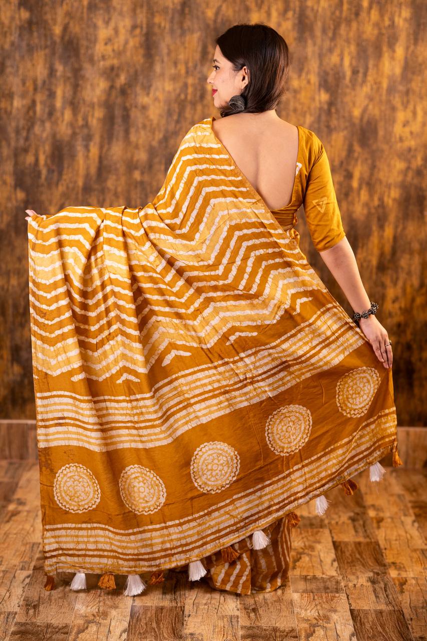 Bagru Batik Zig Zag Pattern Printed Soft Chanderi Cotton Saree with Blouse