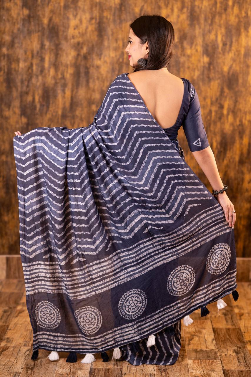 Bagru Batik Zig Zag Pattern Printed Soft Chanderi Cotton Saree with Blouse