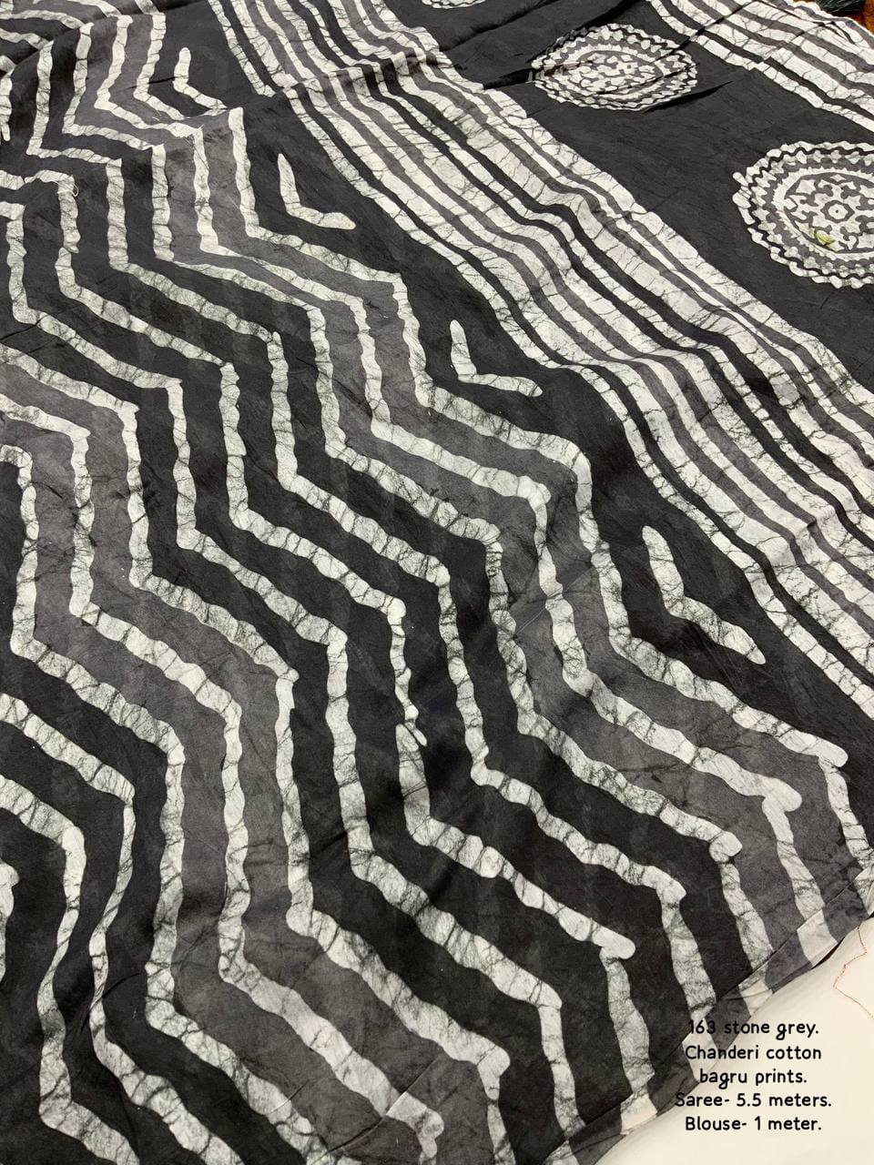 Bagru Batik Zig Zag Pattern Printed Soft Chanderi Cotton Saree with Blouse
