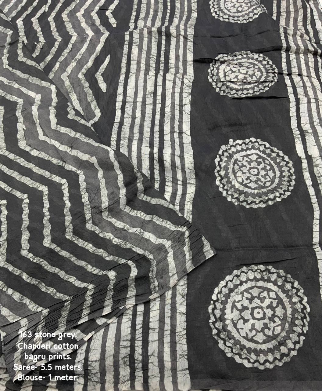 Bagru Batik Zig Zag Pattern Printed Soft Chanderi Cotton Saree with Blouse