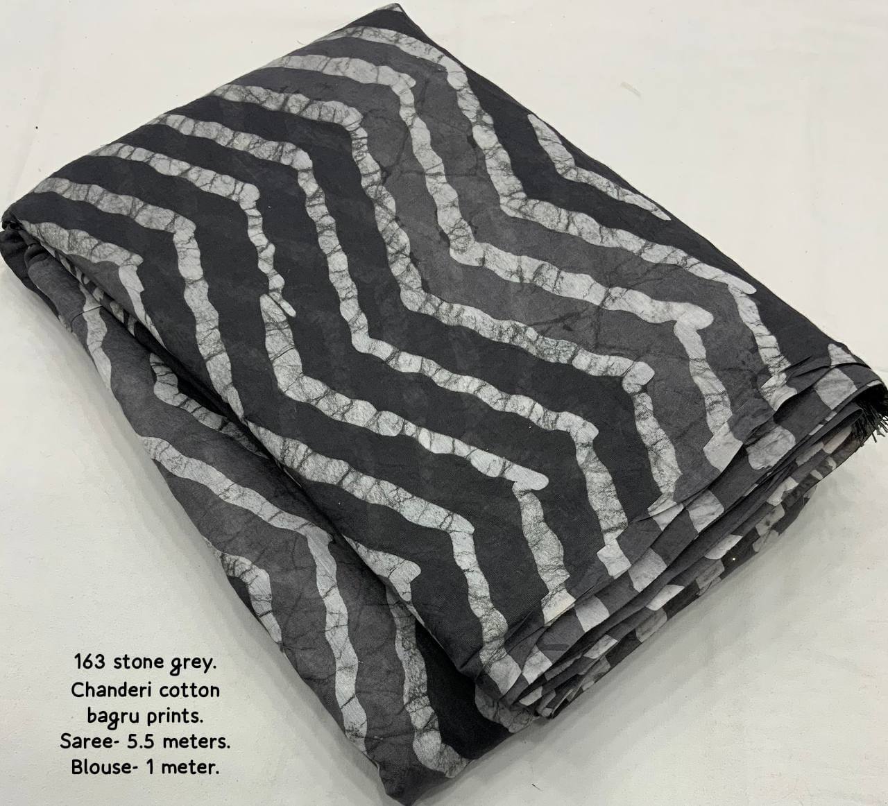 Bagru Batik Zig Zag Pattern Printed Soft Chanderi Cotton Saree with Blouse