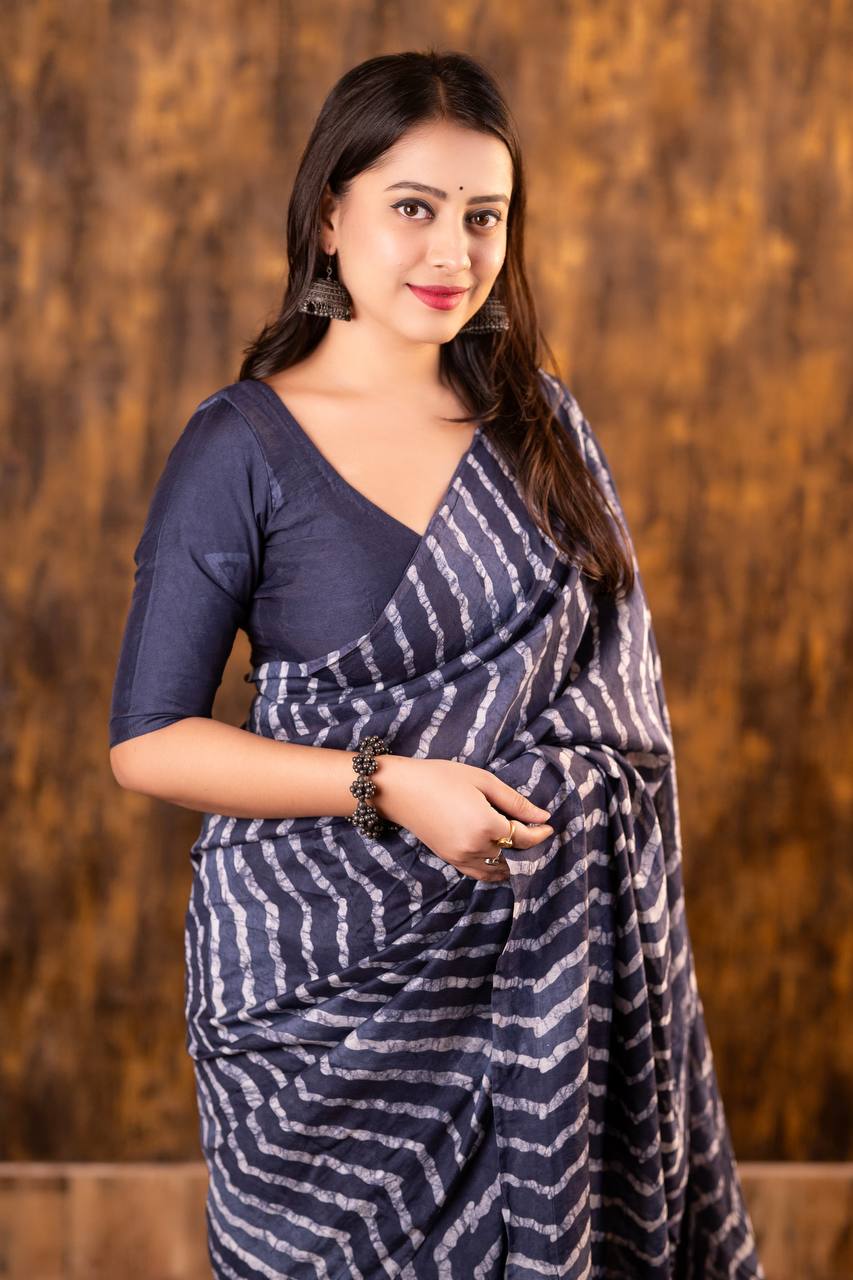 Bagru Batik Zig Zag Pattern Printed Soft Chanderi Cotton Saree with Blouse