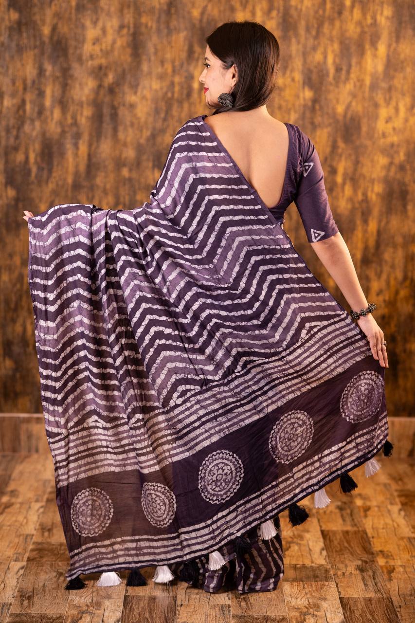 Bagru Batik Zig Zag Pattern Printed Soft Chanderi Cotton Saree with Blouse