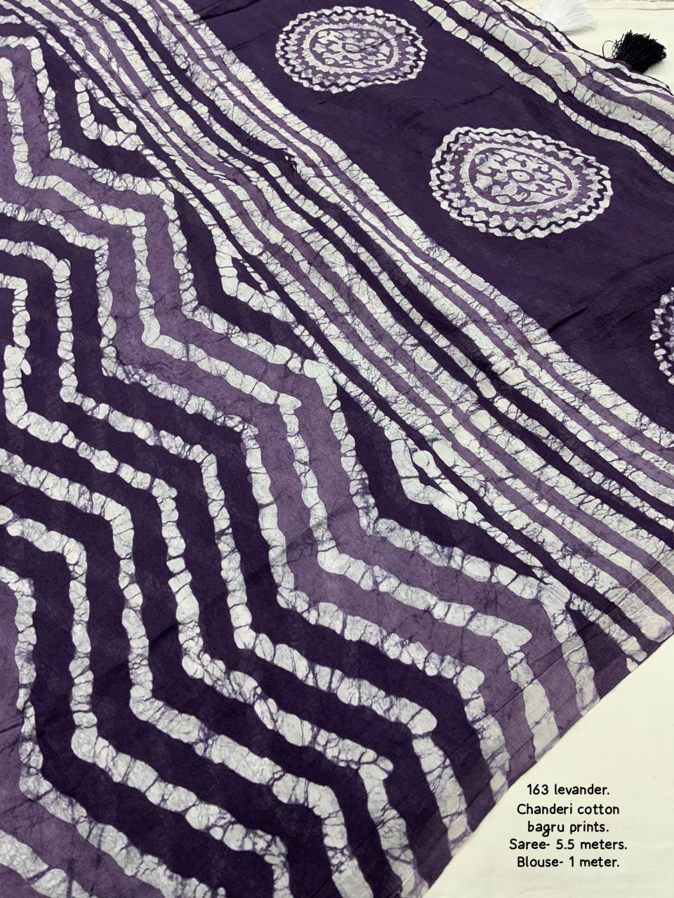 Bagru Batik Zig Zag Pattern Printed Soft Chanderi Cotton Saree with Blouse