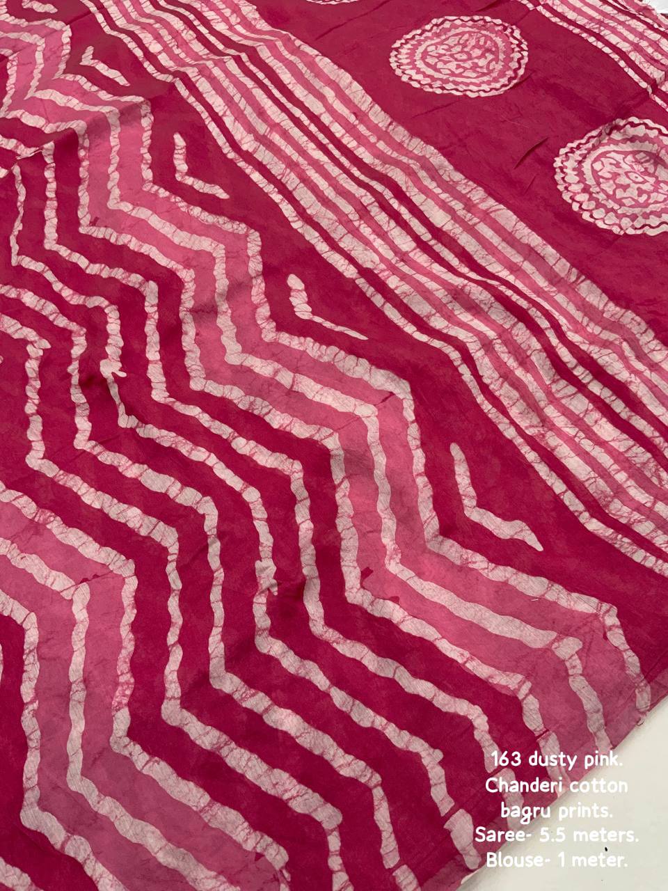 Bagru Batik Zig Zag Pattern Printed Soft Chanderi Cotton Saree with Blouse