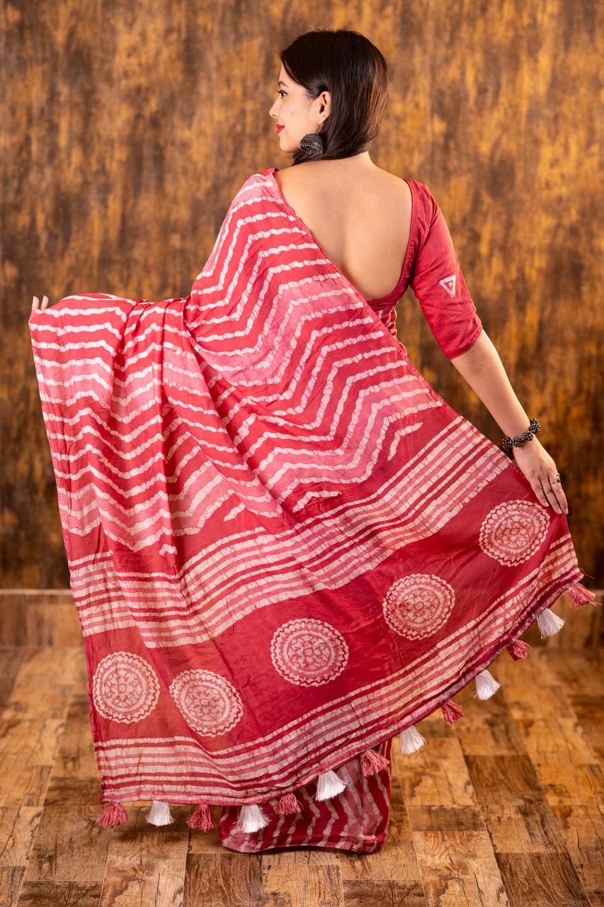 Bagru Batik Zig Zag Pattern Printed Soft Chanderi Cotton Saree with Blouse