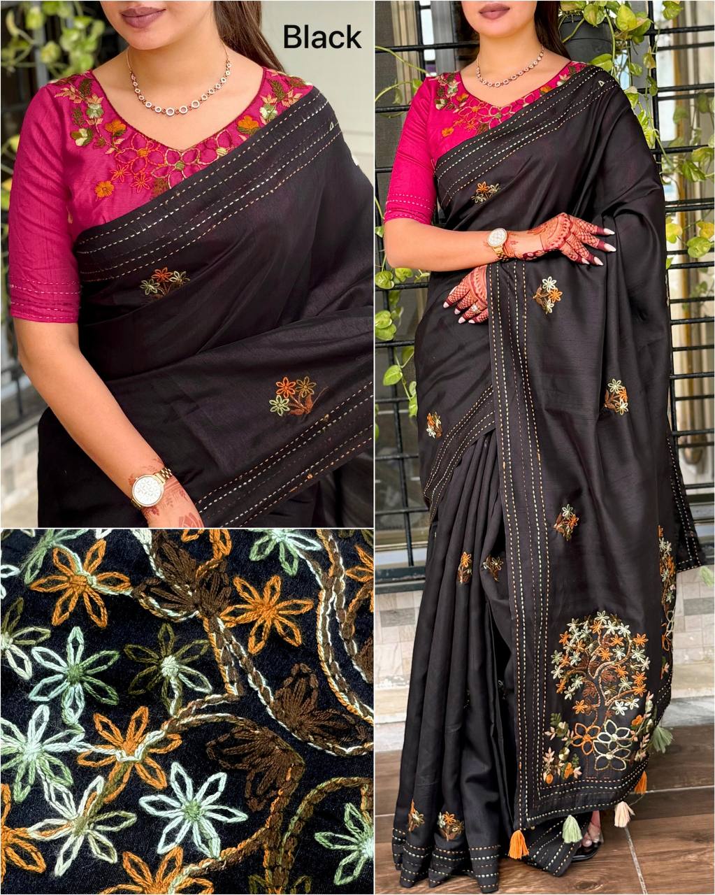 Kashmiri Embroidery & Kantha Work Border Elegant Tusser Cotton Saree with Blouse