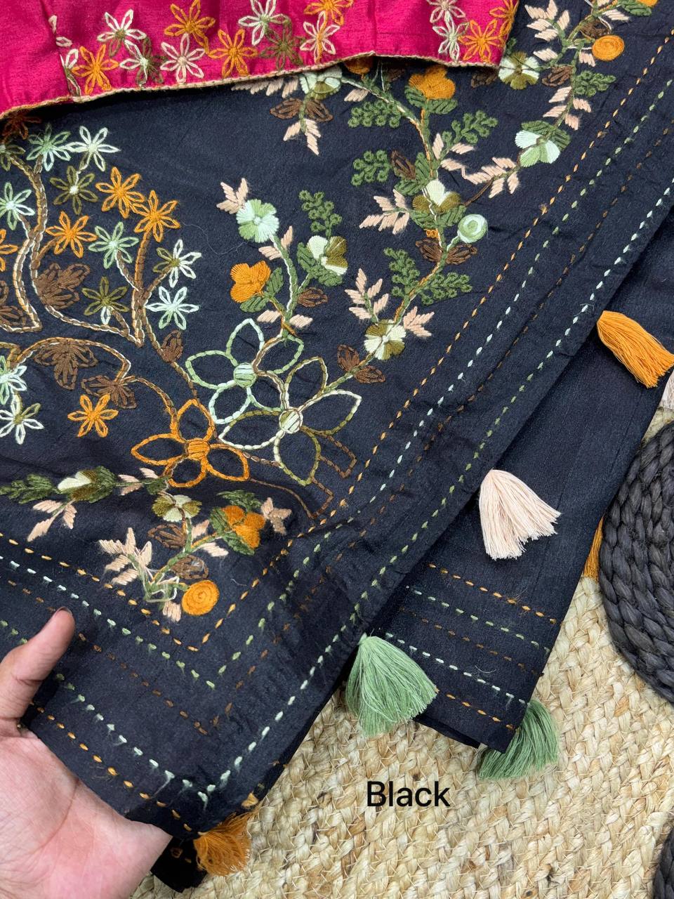 Kashmiri Embroidery & Kantha Work Border Elegant Tusser Cotton Saree with Blouse