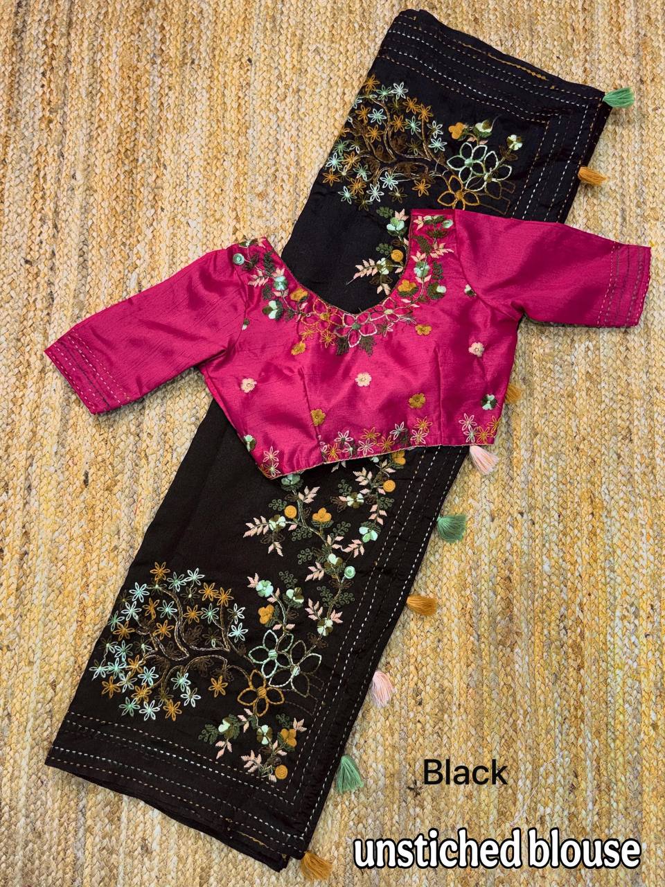 Kashmiri Embroidery & Kantha Work Border Elegant Tusser Cotton Saree with Blouse