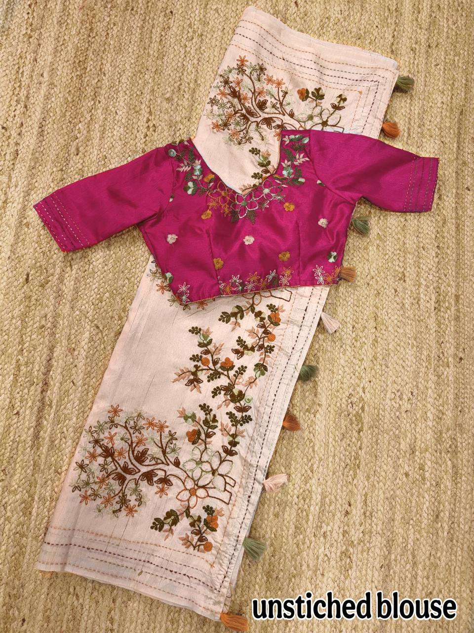 Kashmiri Embroidery & Kantha Work Border Elegant Tusser Cotton Saree with Blouse