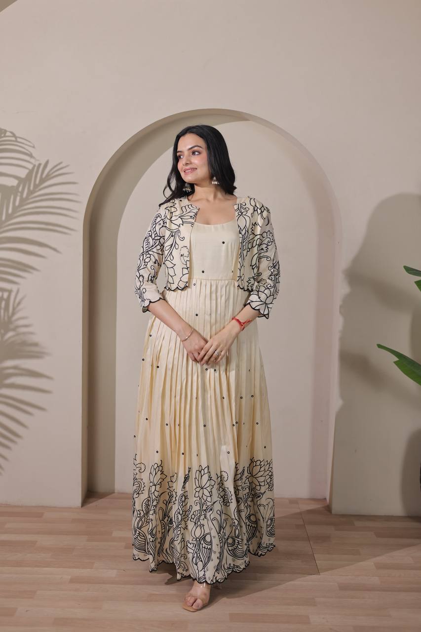 Elegant Kalamkari Print Tussar Silk Gown with Embroidered Jacket