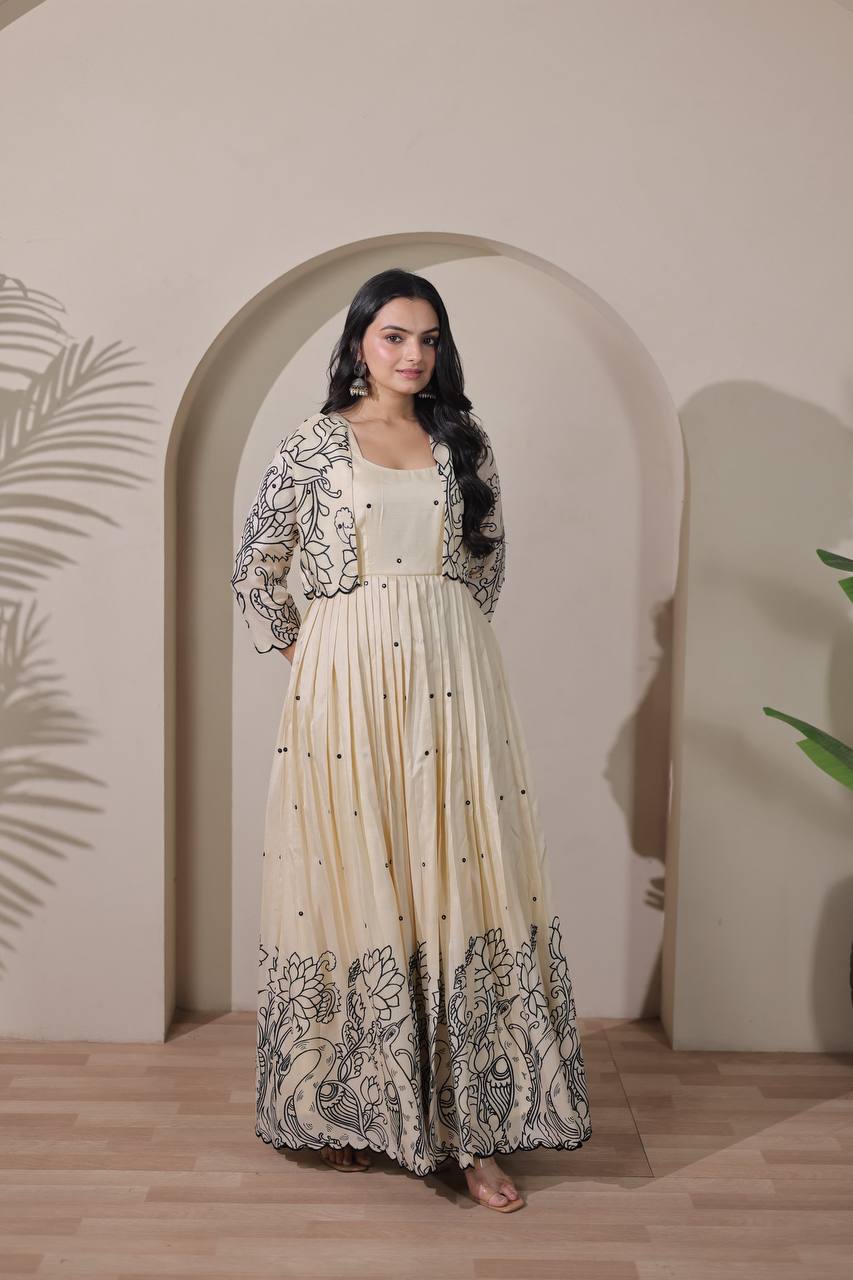 Elegant Kalamkari Print Tussar Silk Gown with Embroidered Jacket