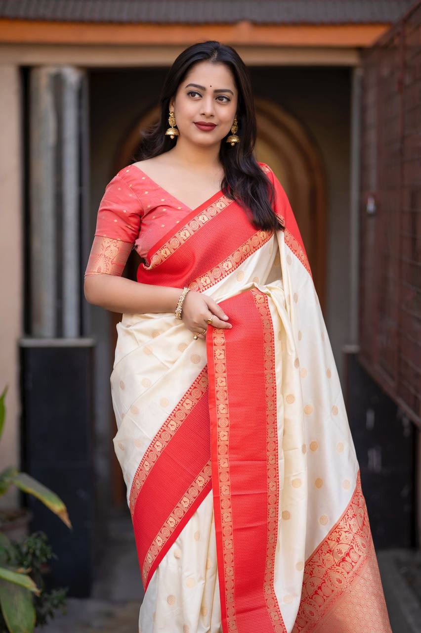 Elegant Contrast Bentex Border & Zari Woven Design Soft Silk Saree with Blouse