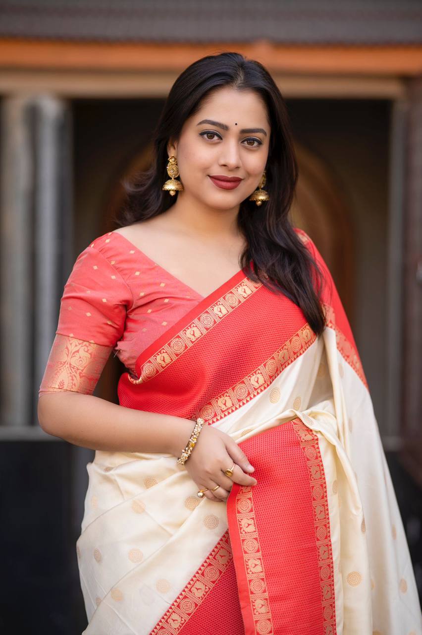 Elegant Contrast Bentex Border & Zari Woven Design Soft Silk Saree with Blouse