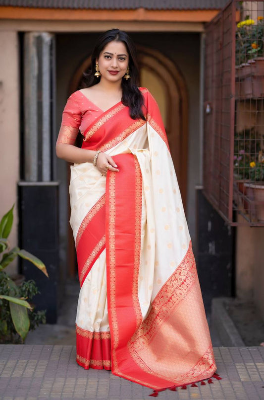 Elegant Contrast Bentex Border & Zari Woven Design Soft Silk Saree with Blouse
