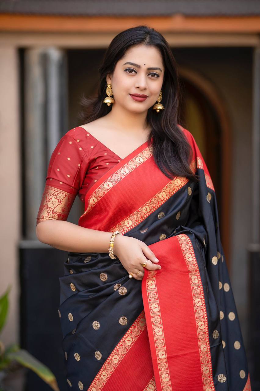 Elegant Contrast Bentex Border & Zari Woven Design Soft Silk Saree with Blouse