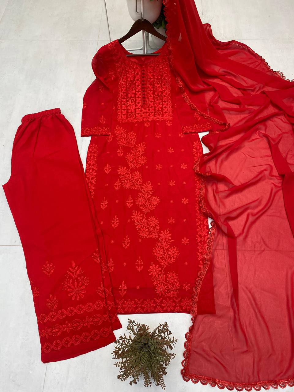 ✨ Designer Partywear Red Georgette Embroidered Kurta Suit with Dupatta & Pant