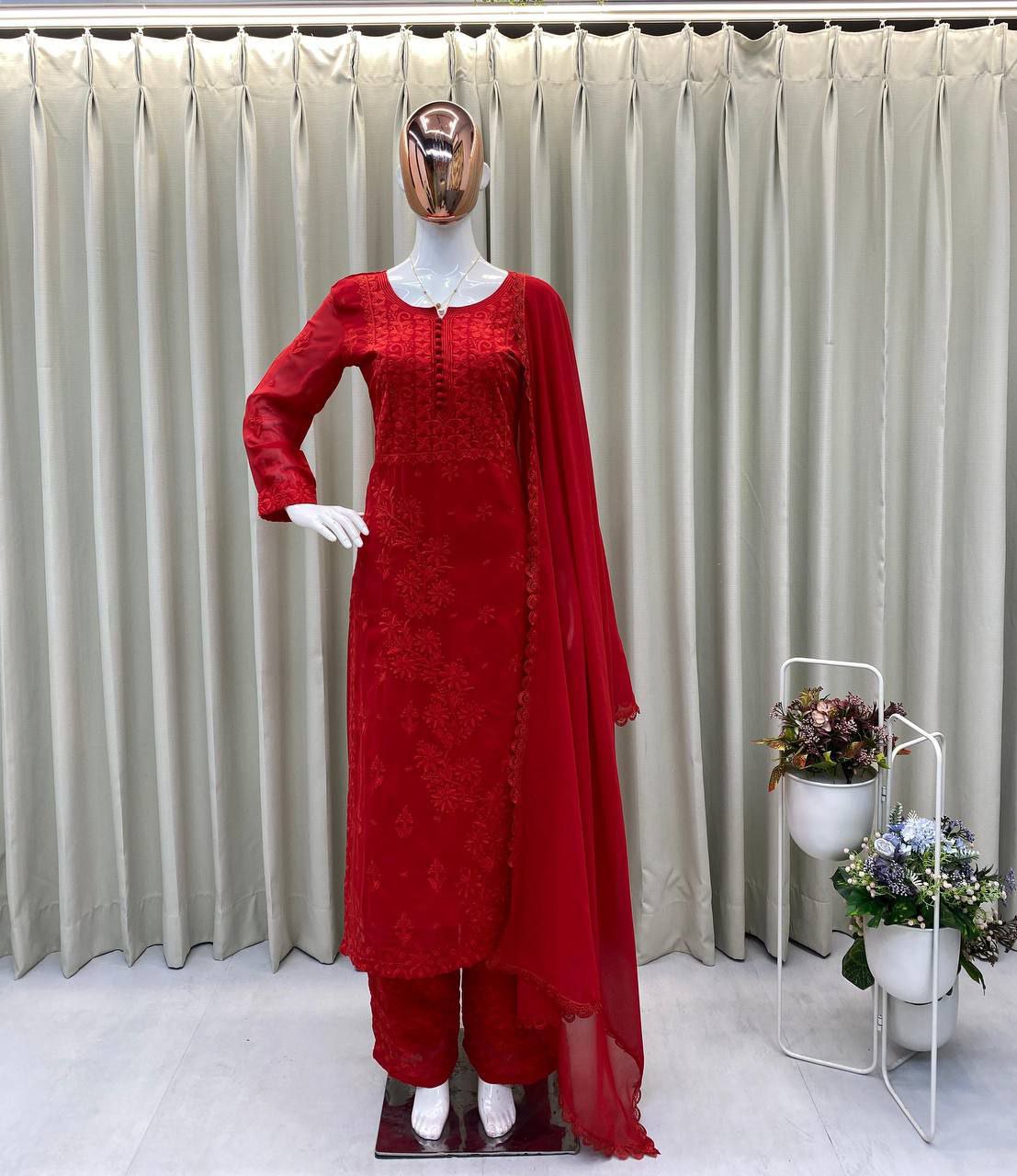 ✨ Designer Partywear Red Georgette Embroidered Kurta Suit with Dupatta & Pant