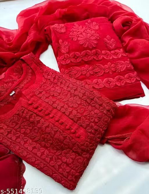 ✨ Designer Partywear Red Georgette Embroidered Kurta Suit with Dupatta & Pant