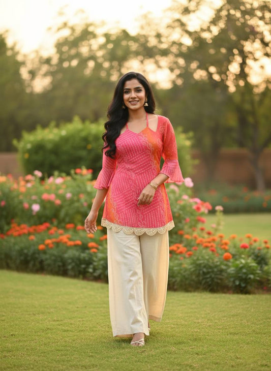 Original Bandhani Print Faux Georgette Embroidered Short Kurti for Women