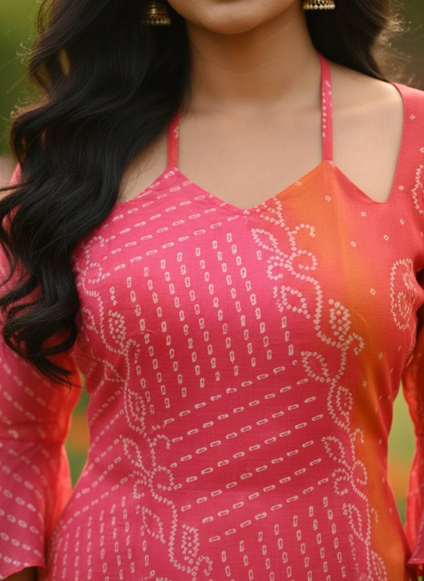 Original Bandhani Print Faux Georgette Embroidered Short Kurti for Women