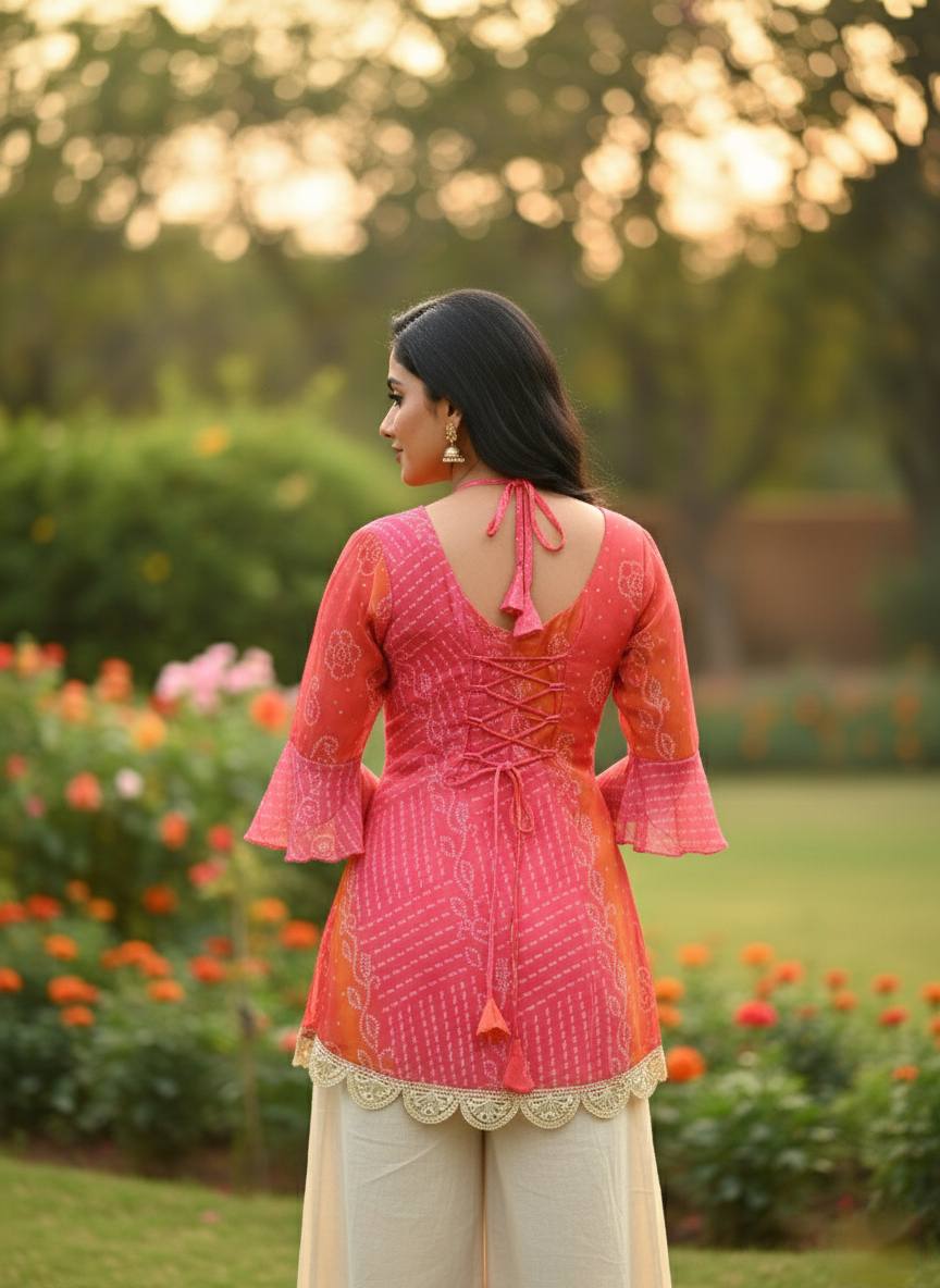 Original Bandhani Print Faux Georgette Embroidered Short Kurti for Women