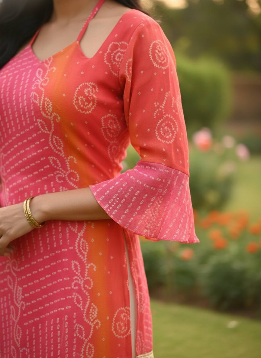 Original Bandhani Print Faux Georgette Embroidered Short Kurti for Women