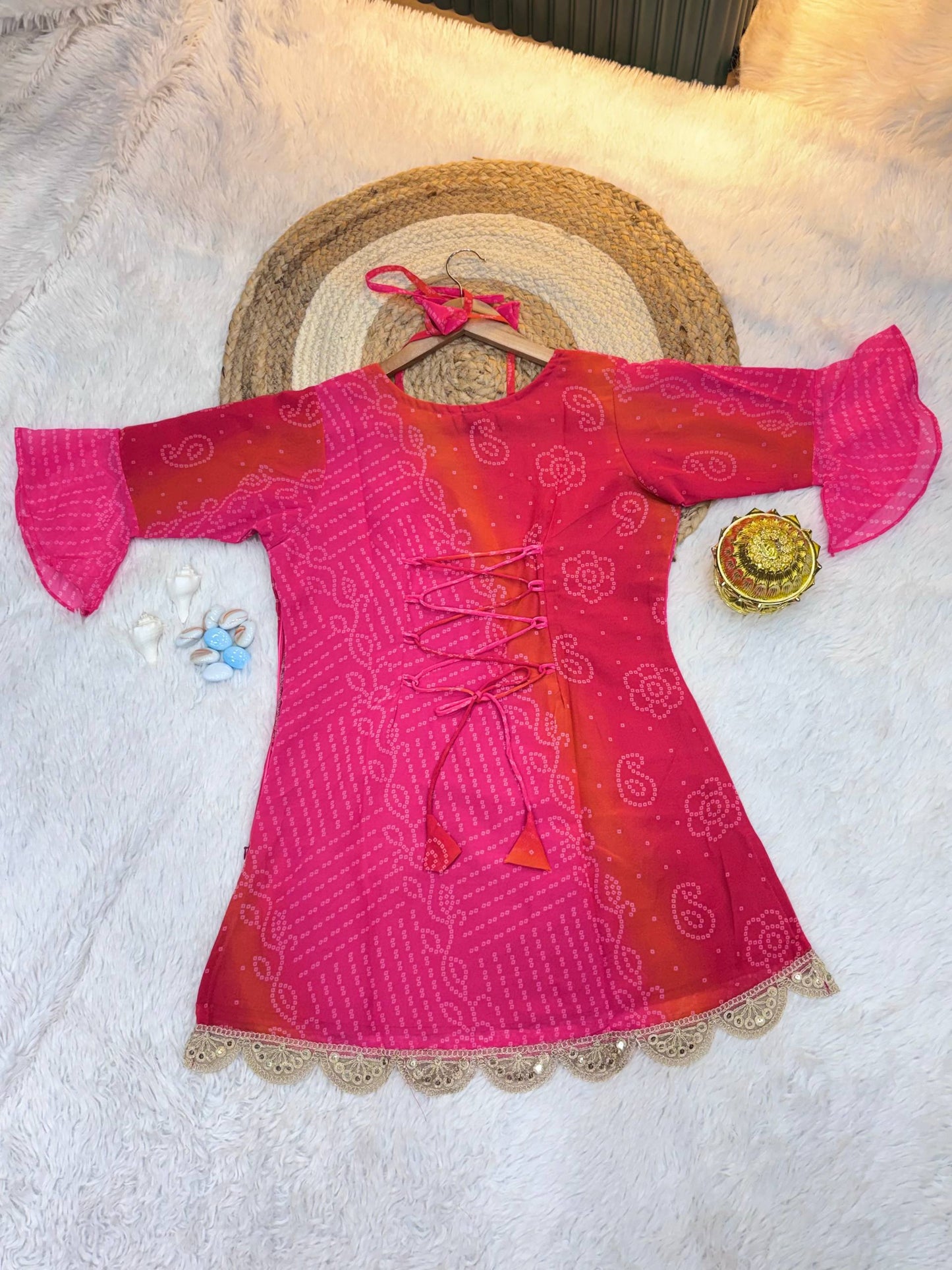 Original Bandhani Print Faux Georgette Embroidered Short Kurti for Women