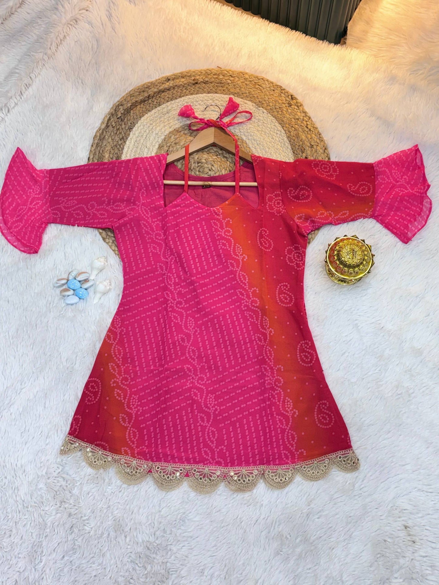 Original Bandhani Print Faux Georgette Embroidered Short Kurti for Women