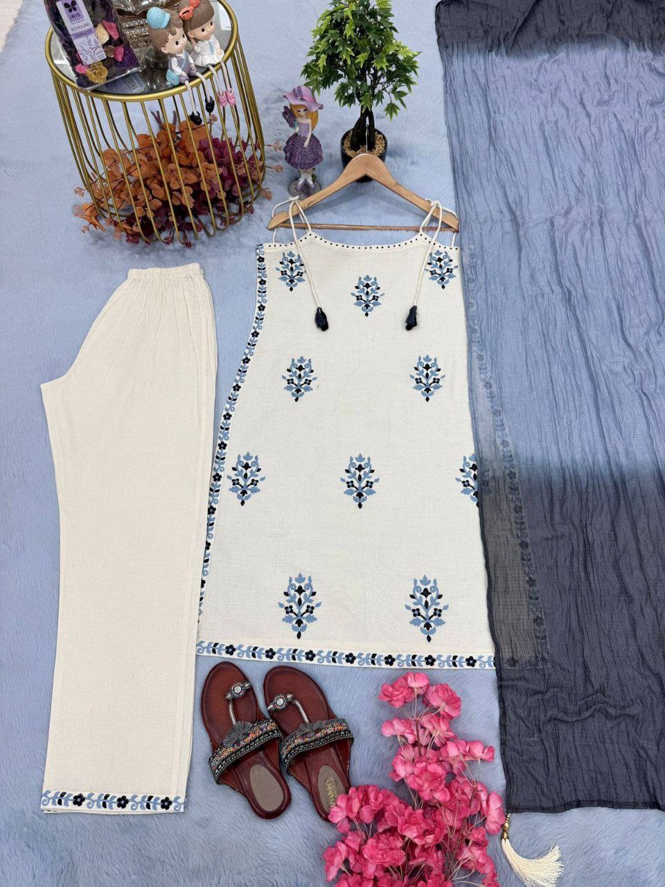 Designer Pure Cotton Spaghetti Kurti Top & Pant with Kota Doria Dupatta | Traditional, Festival & Office Wear Set