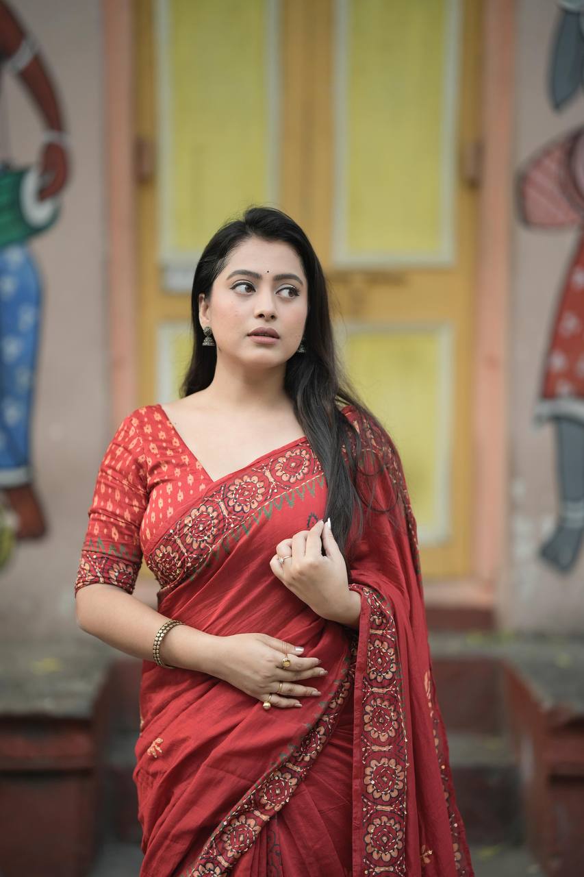 Hand Kantha Work & Sequins Outing Ajrakh Hand Block Pure Chanderi Cotton Saree With Blouse