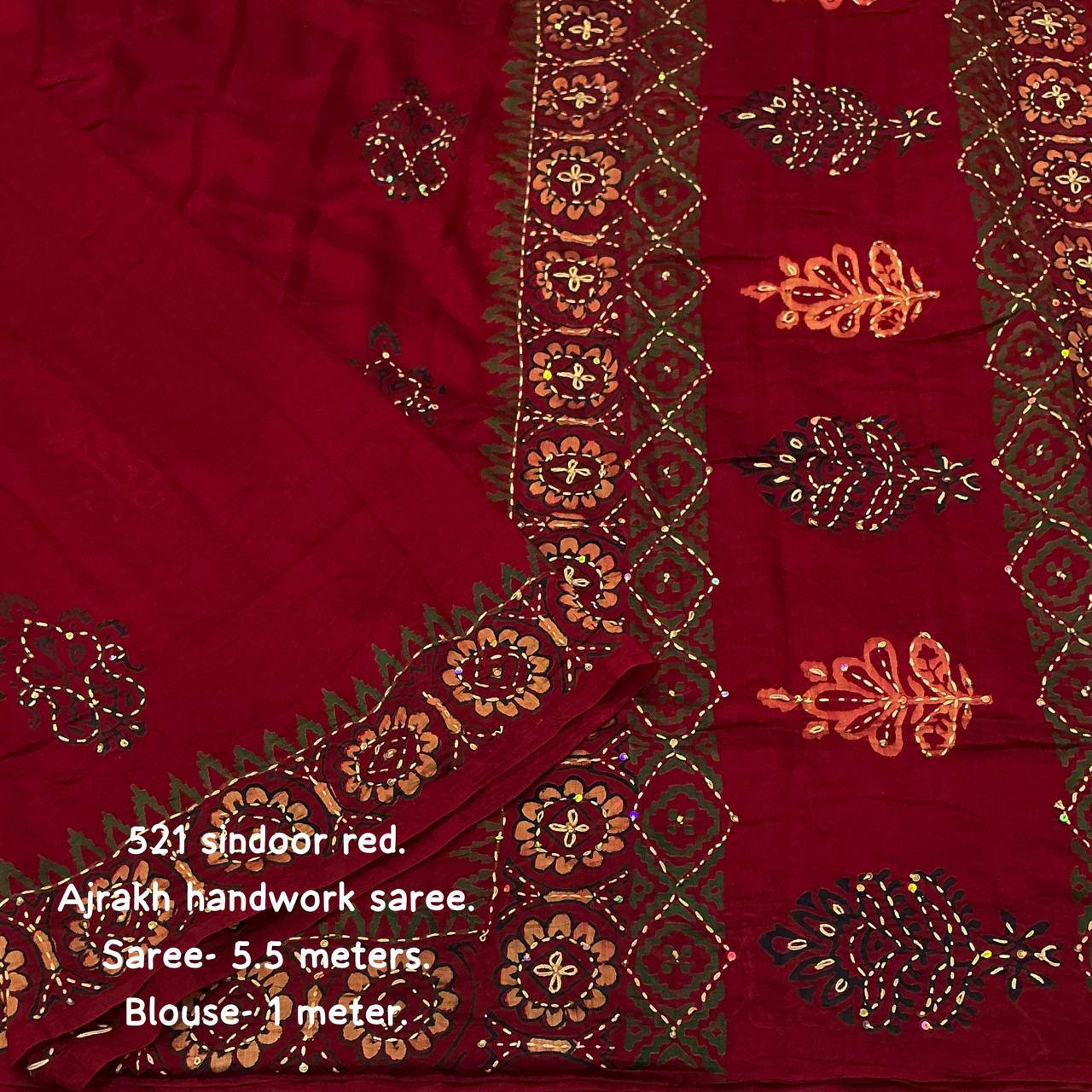 Hand Kantha Work & Sequins Outing Ajrakh Hand Block Pure Chanderi Cotton Saree With Blouse